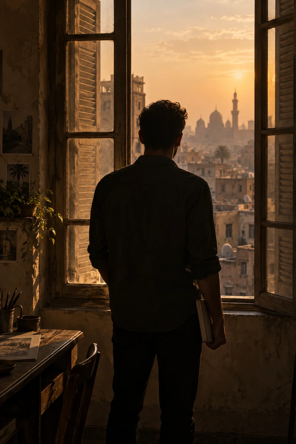 Conceptual silhouette of a creator looking over Cairo, not a portrait of Ahmed