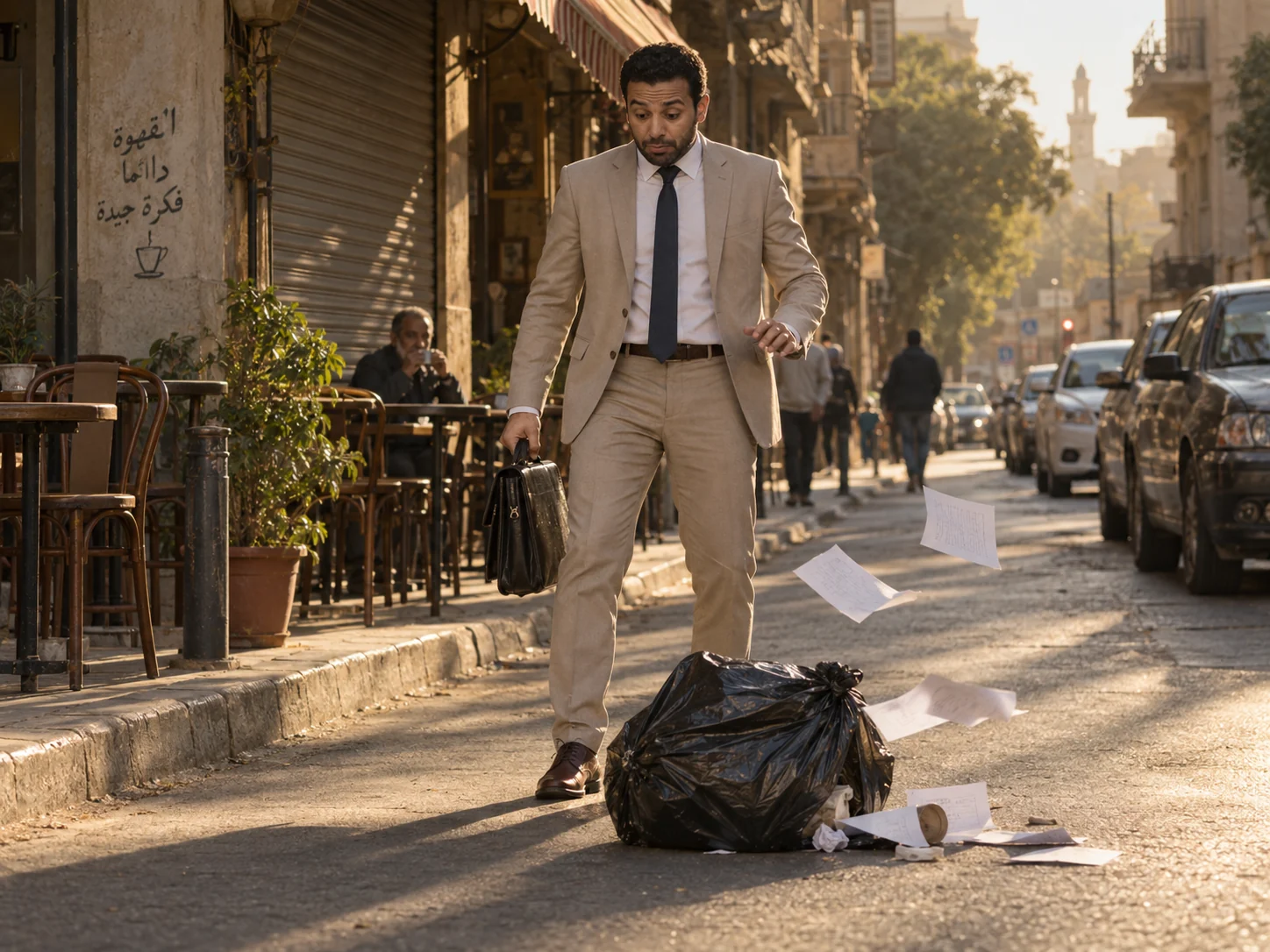 An everyday mishap interrupts a man’s morning in Cairo