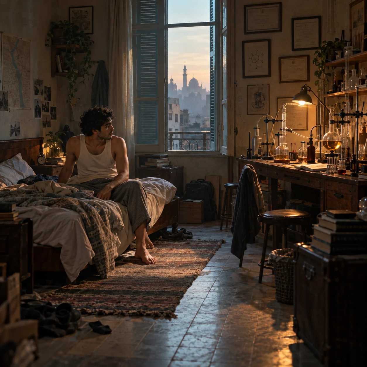 A strange bedroom with an integrated chemistry laboratory