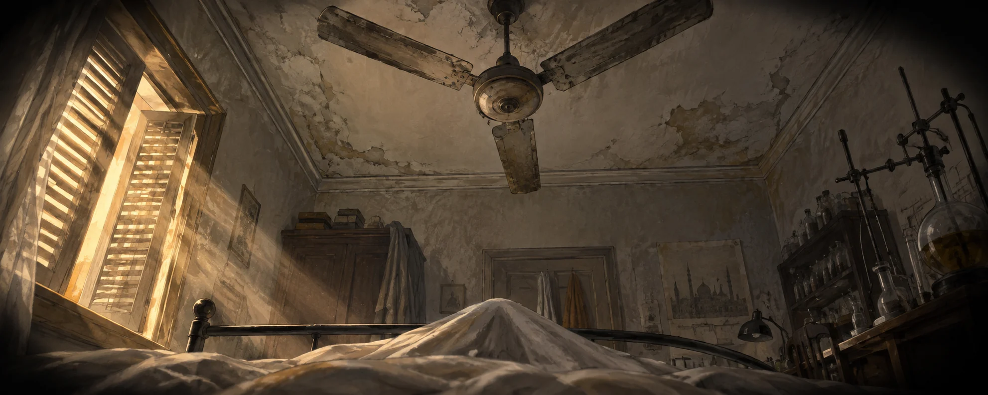 Storyboard 1: waking to a ceiling fan and strange laboratory details