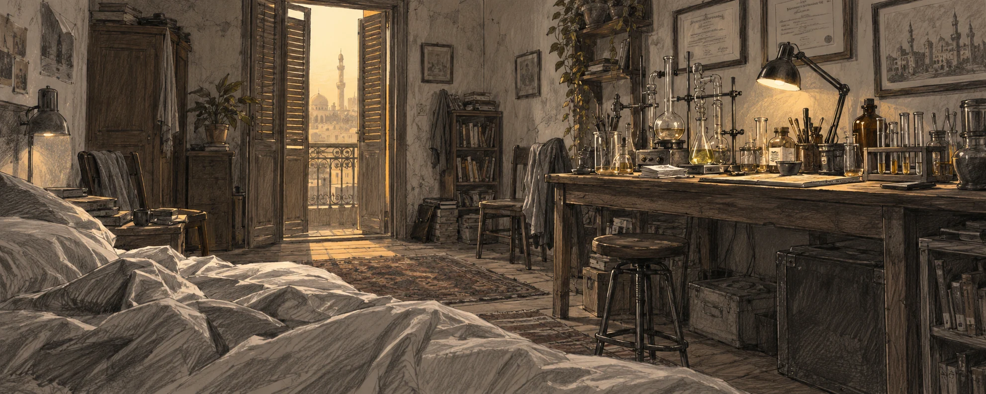 Storyboard 2: a slow reveal from the bed to the chemistry bench