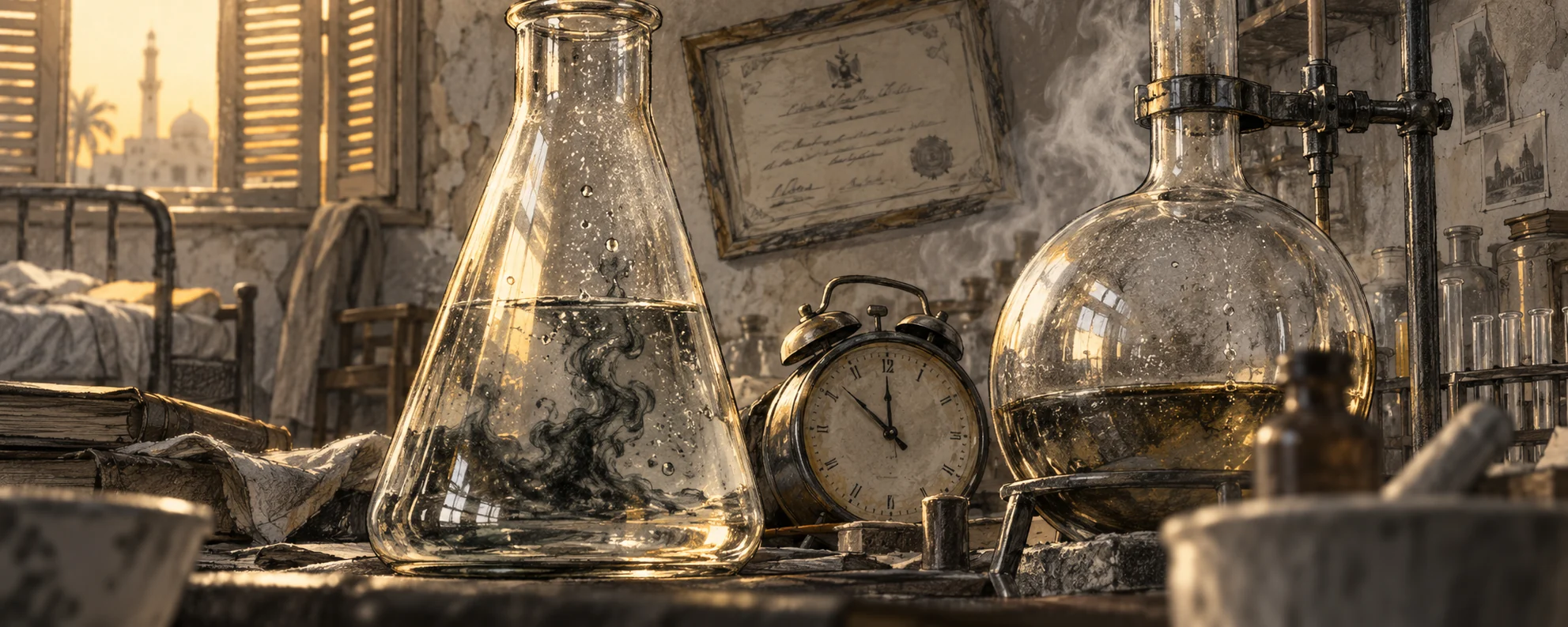 Storyboard 3: glass flasks, an alarm clock and a crooked certificate