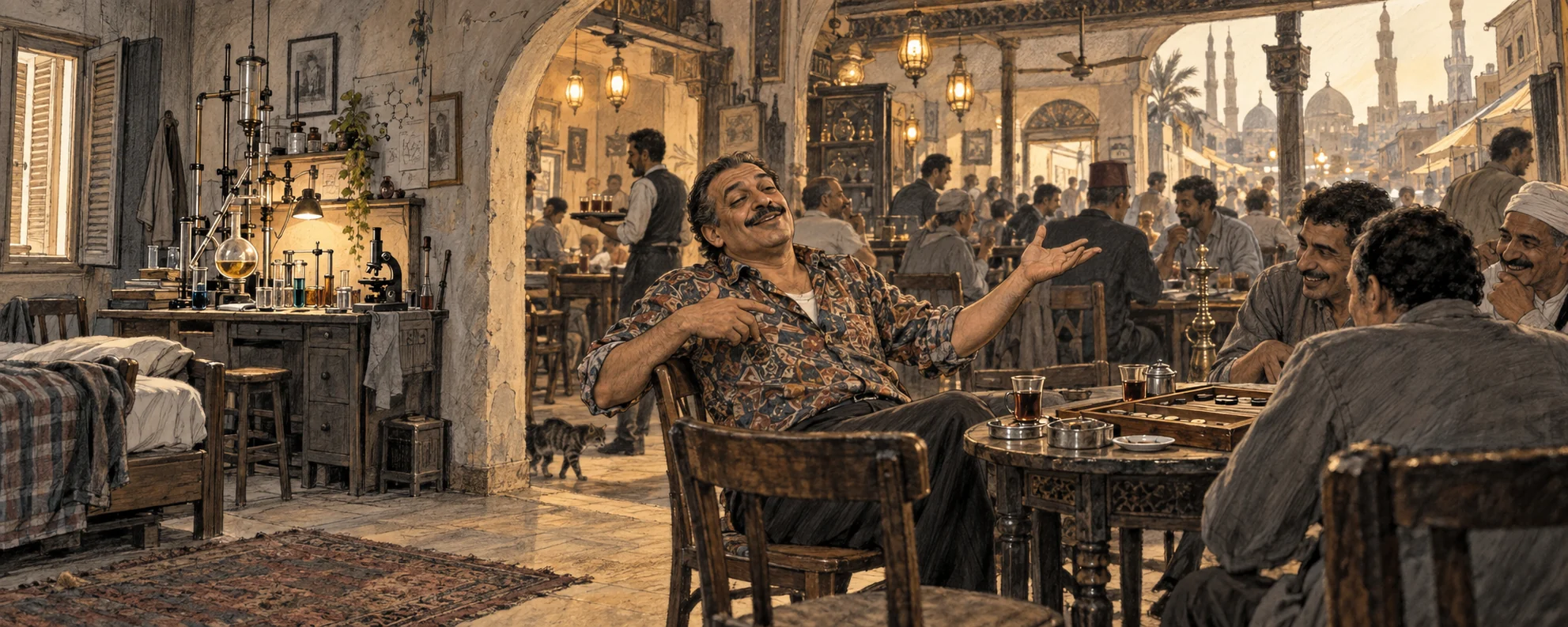 Storyboard 4: the room opens into a busy café and the brother appears