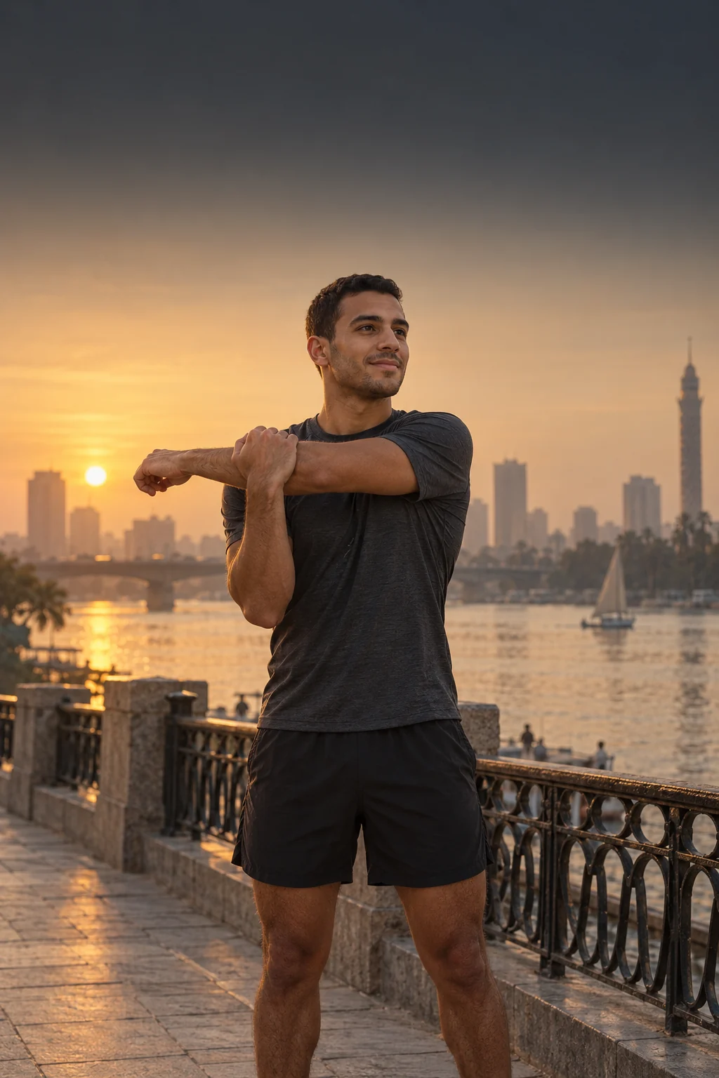 Fictional character: an athlete stretching by the Nile at sunrise