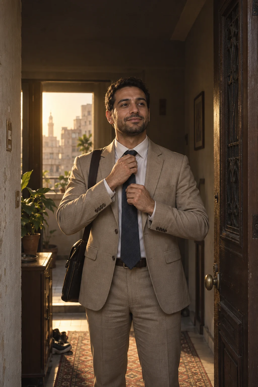 Fictional character: a man straightening his tie before work
