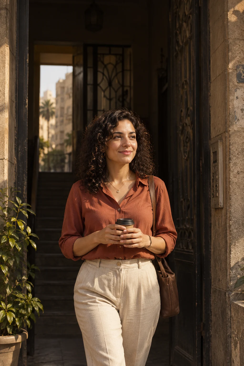 Fictional character: a woman leaving home with coffee